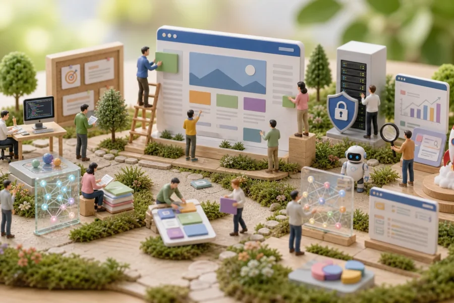 2026 AI公司 WordPress 建站指南：官网架构、SEO、性能与安全避坑主题的微缩世界场景