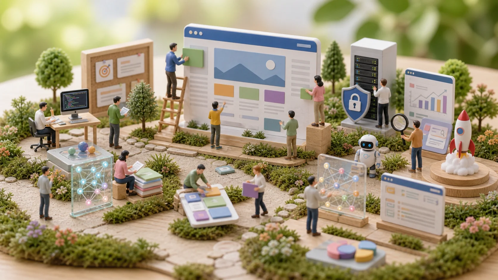 2026 AI公司 WordPress 建站指南：官网架构、SEO、性能与安全避坑主题的微缩世界场景