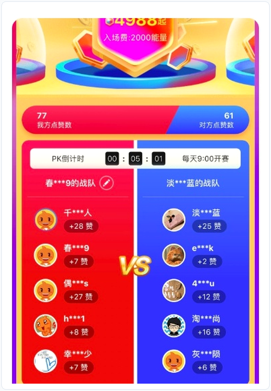 双十一战队PK界面(2000能量入场池、77 vs 61实时比分及队员个人点赞贡献明细榜)