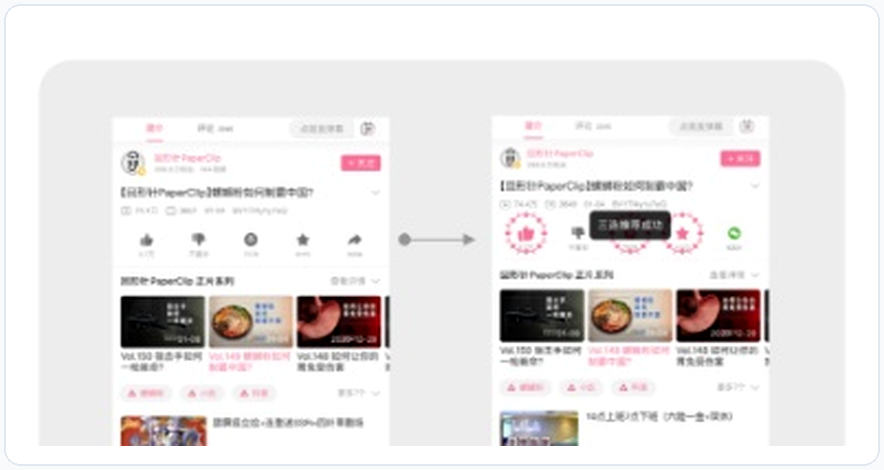 案例1:B站用户长按点赞按钮同时触发点赞、投币、收藏“一键三连”,省去逐个点击成本