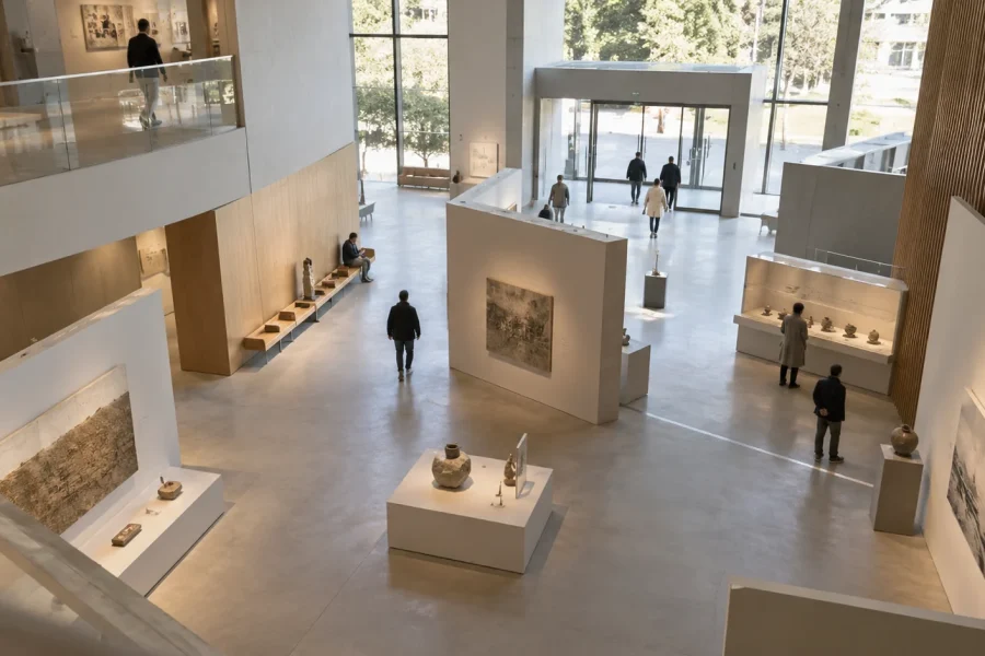 高处俯视真实展厅，展台、通道与访客的移动和停留形成清楚的空间关系