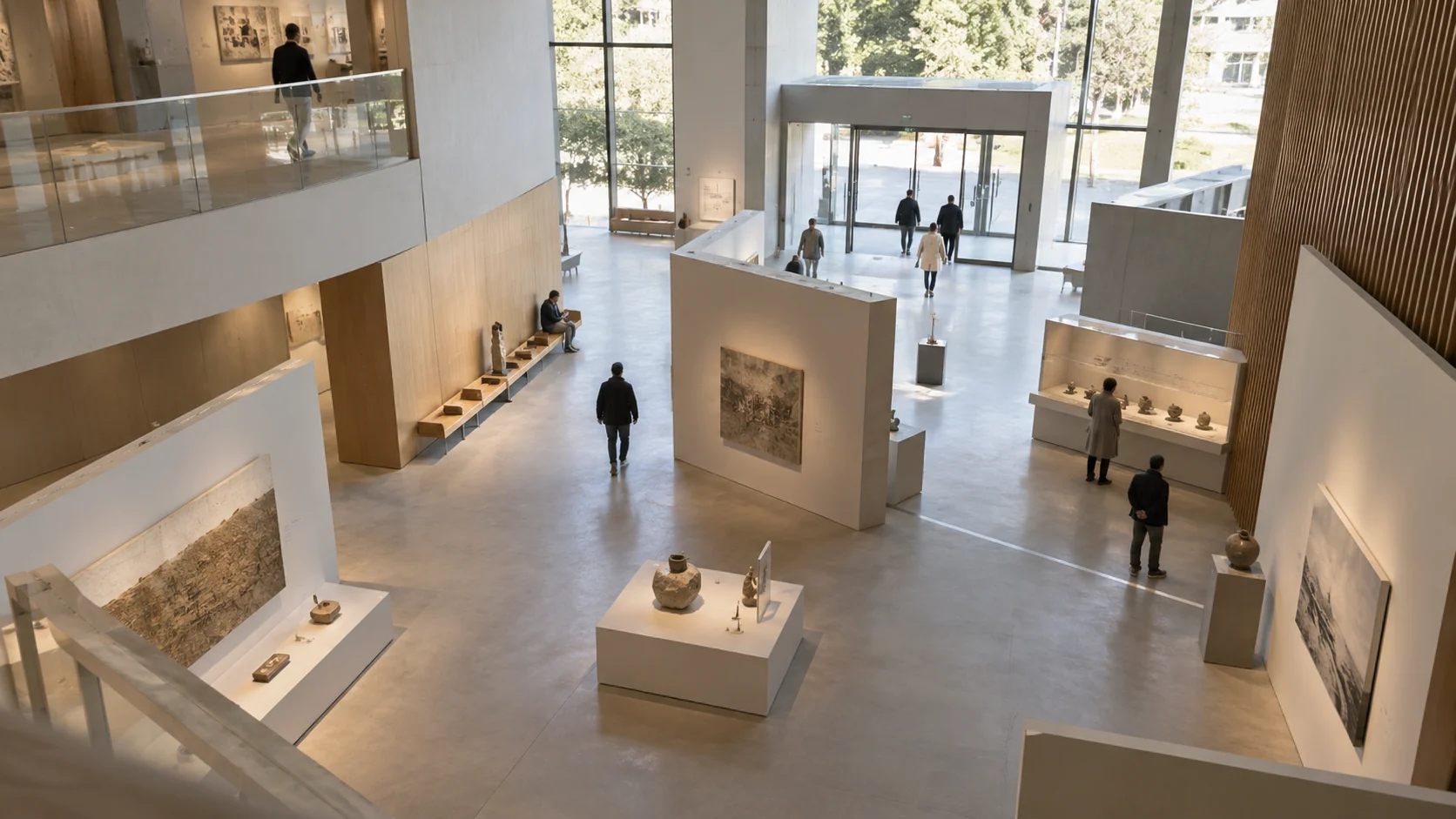 高处俯视真实展厅，展台、通道与访客的移动和停留形成清楚的空间关系