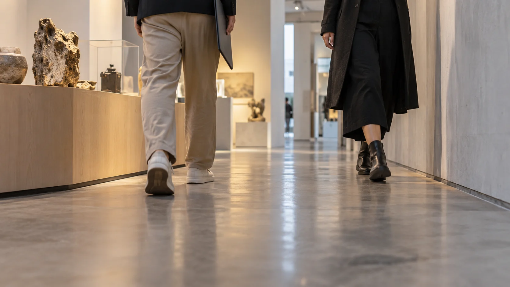 展厅通道的低机位近景呈现展台边缘、转角与移动中的访客