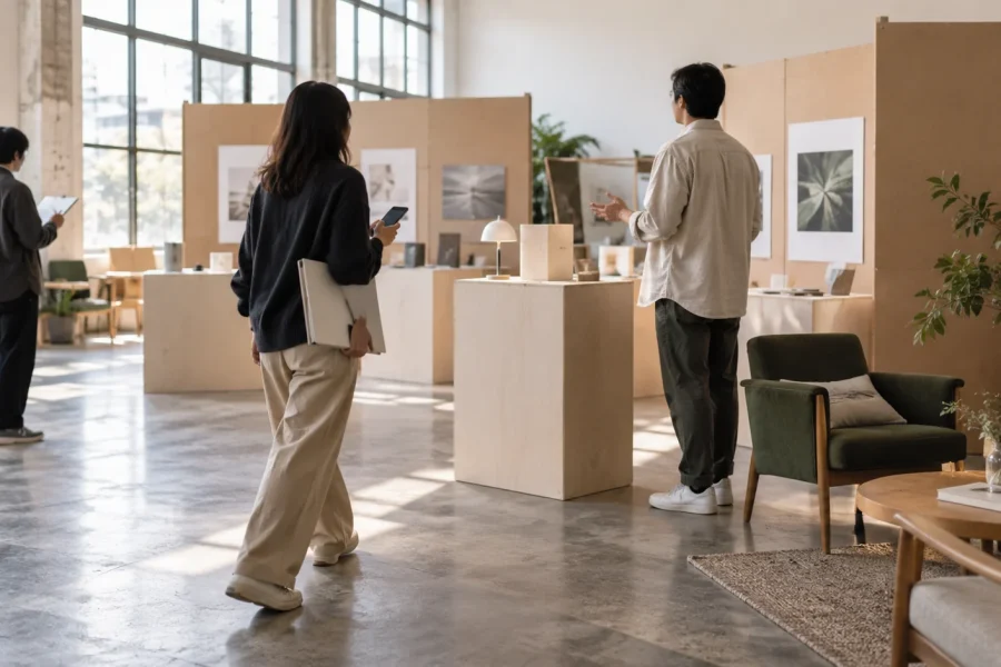 团队在全尺寸模拟现场用纸板展台、手机和资料体验一段查询流程
