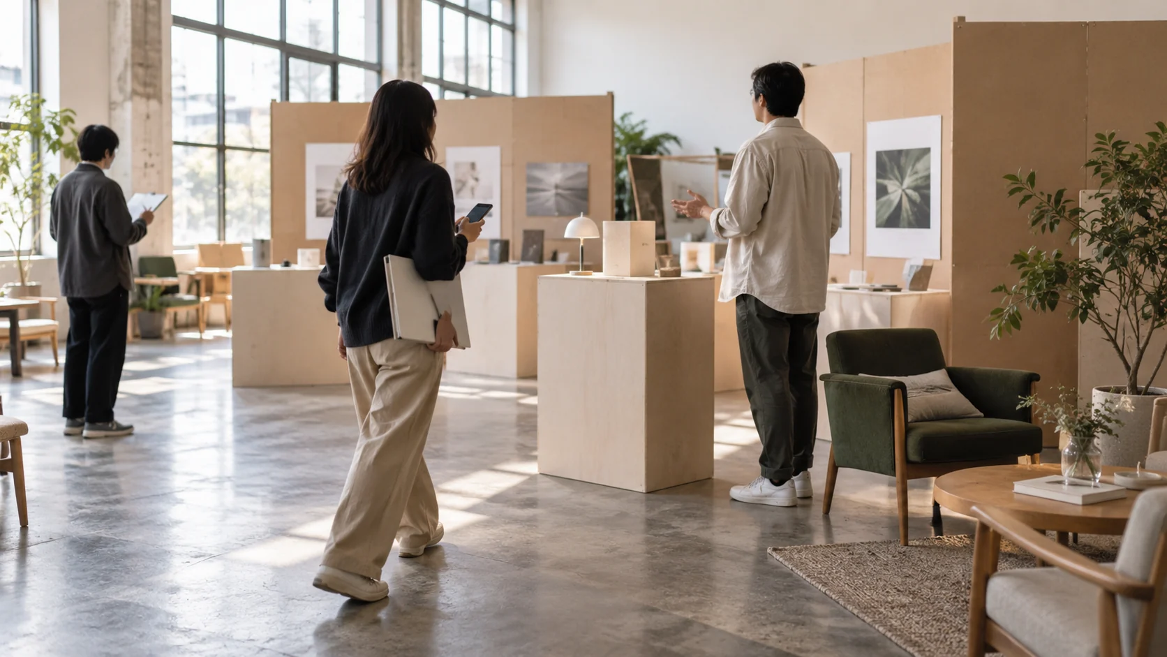 团队在全尺寸模拟现场用纸板展台、手机和资料体验一段查询流程