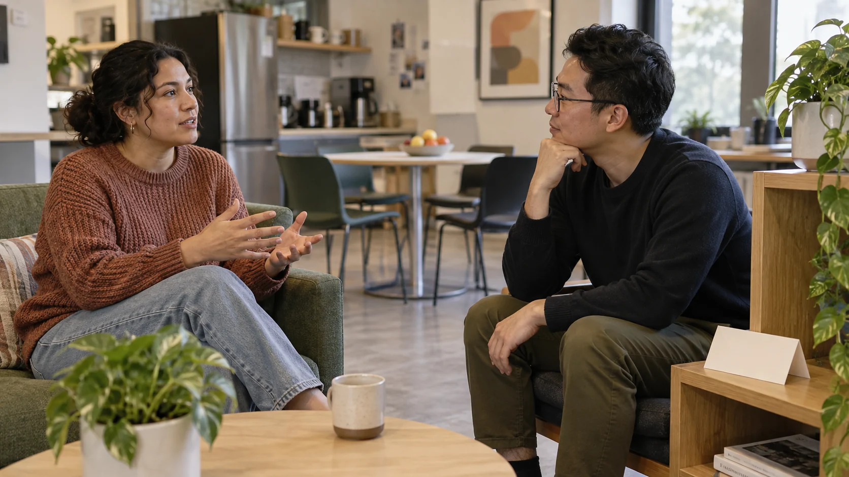 参与者在休息区口述感受，研究者以中性方式倾听